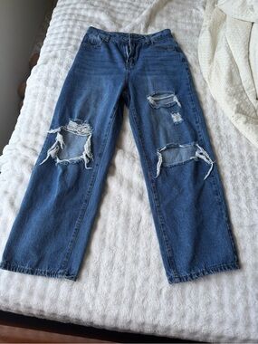 Blue Distressed Wide-Leg Jeans